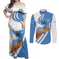 Somalia Couples Matching Off Shoulder Maxi Dress and Long Sleeve Button Shirt with Camel Desert Map Palm Tree Heritage Spirit