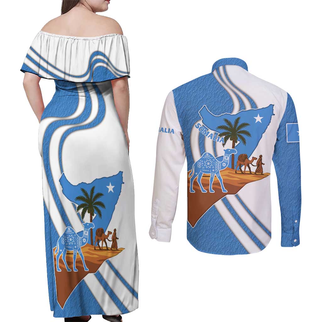 Somalia Couples Matching Off Shoulder Maxi Dress and Long Sleeve Button Shirt with Camel Desert Map Palm Tree Heritage Spirit