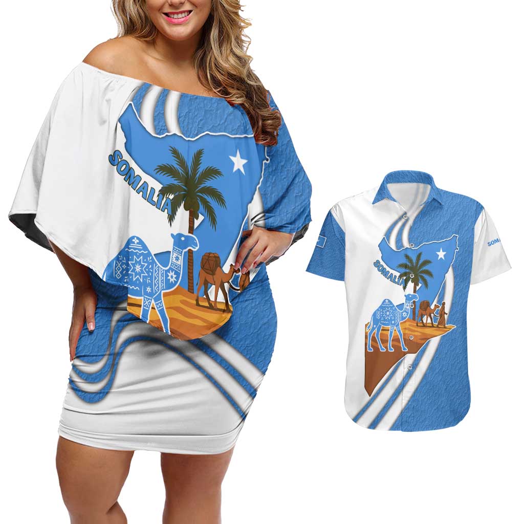 Somalia Couples Matching Off Shoulder Short Dress and Hawaiian Shirt with Camel Desert Map Palm Tree Heritage Spirit