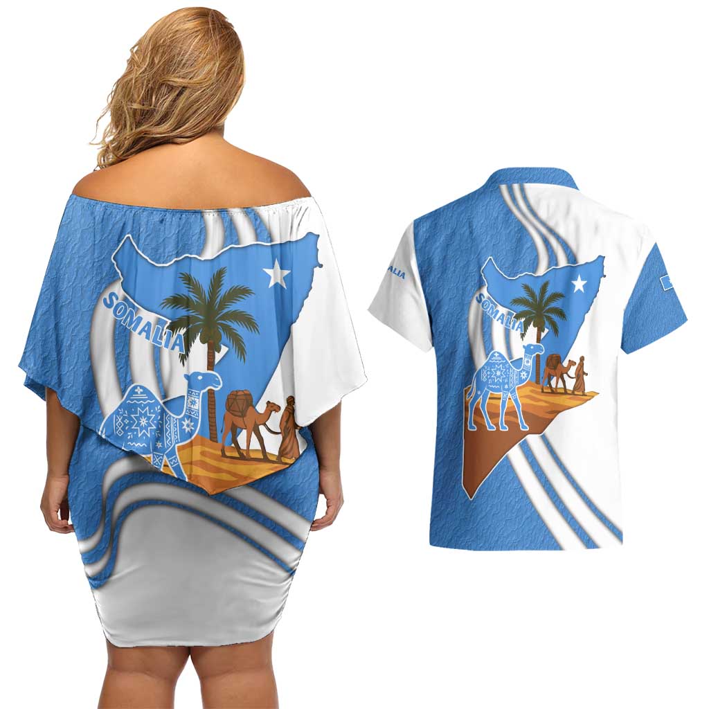 Somalia Couples Matching Off Shoulder Short Dress and Hawaiian Shirt with Camel Desert Map Palm Tree Heritage Spirit