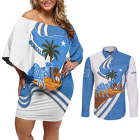 Somalia Couples Matching Off Shoulder Short Dress and Long Sleeve Button Shirt with Camel Desert Map Palm Tree Heritage Spirit