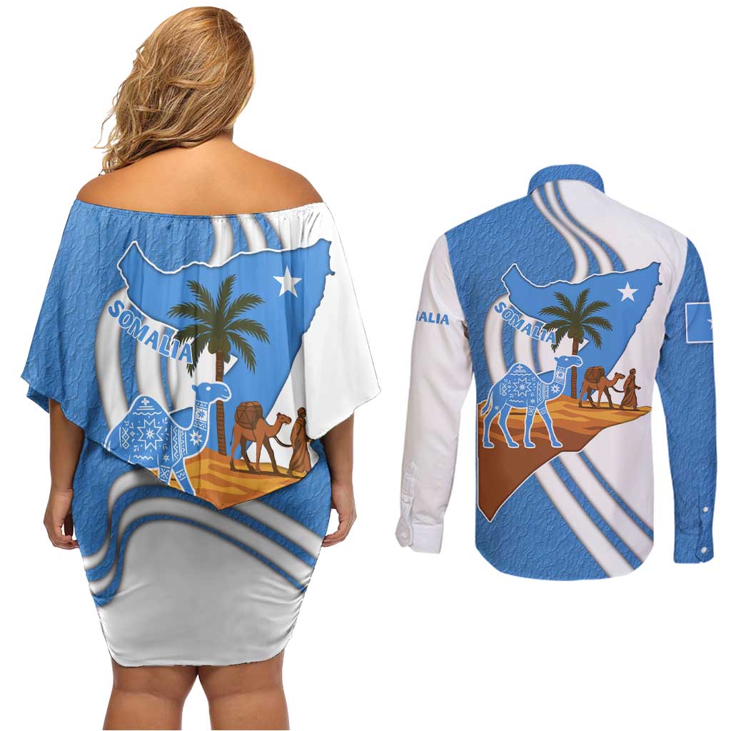 Somalia Couples Matching Off Shoulder Short Dress and Long Sleeve Button Shirt with Camel Desert Map Palm Tree Heritage Spirit