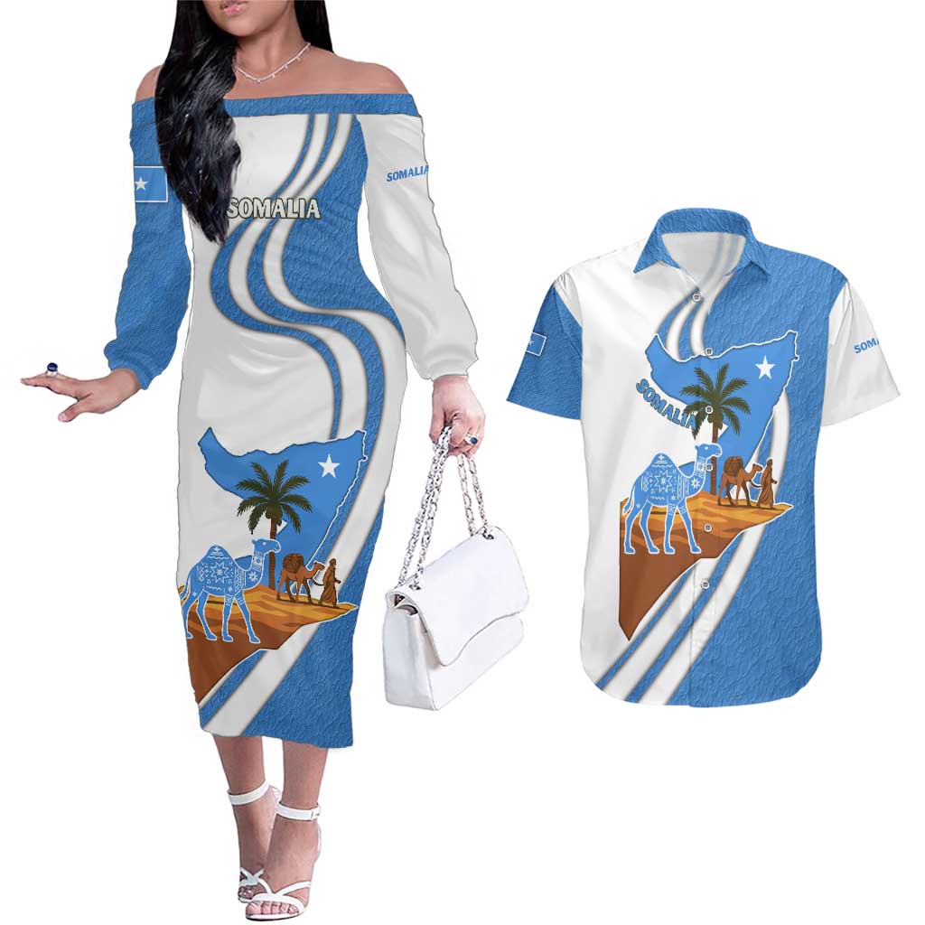 Somalia Couples Matching Off The Shoulder Long Sleeve Dress and Hawaiian Shirt with Camel Desert Map Palm Tree Heritage Spirit
