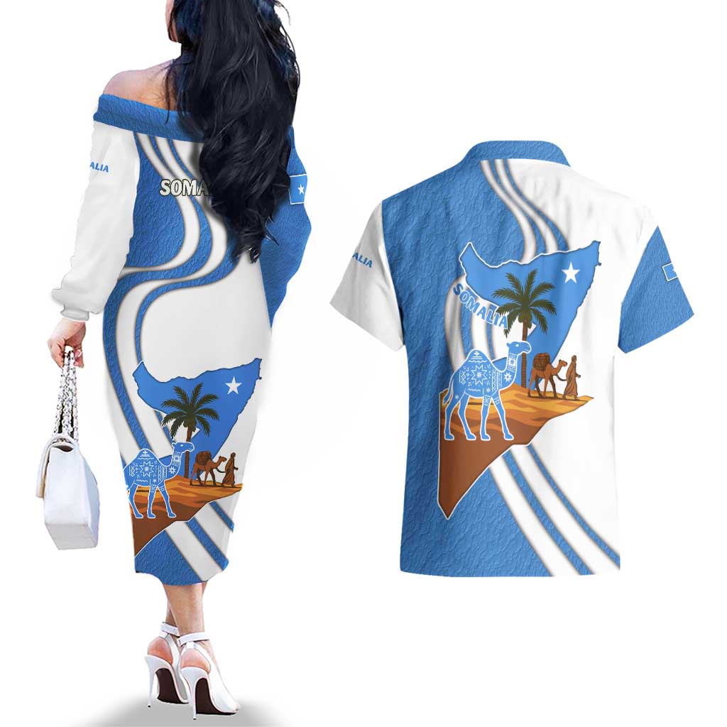 Somalia Couples Matching Off The Shoulder Long Sleeve Dress and Hawaiian Shirt with Camel Desert Map Palm Tree Heritage Spirit