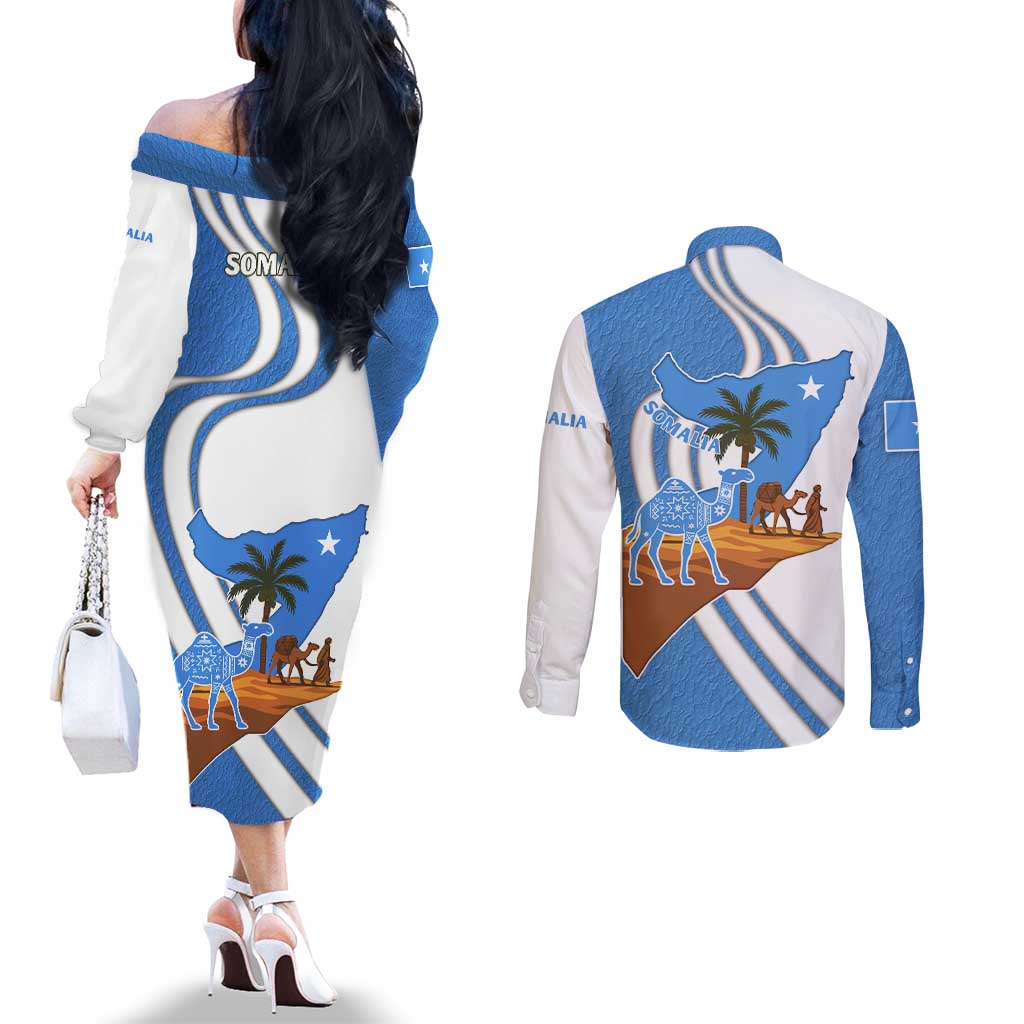 Somalia Couples Matching Off The Shoulder Long Sleeve Dress and Long Sleeve Button Shirt with Camel Desert Map Palm Tree Heritage Spirit