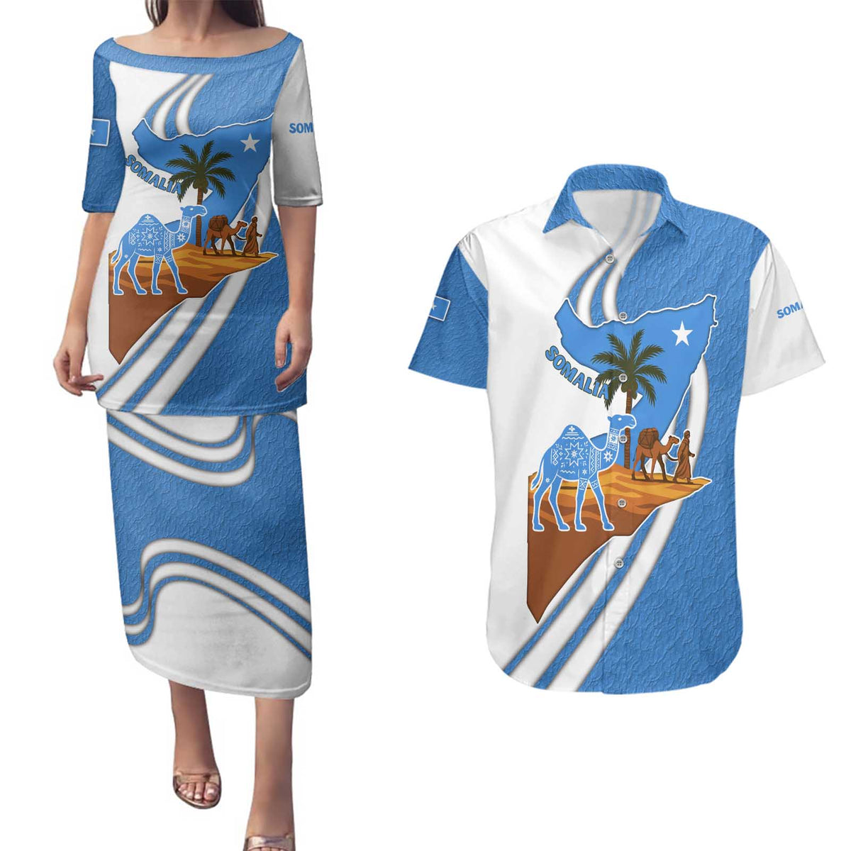 Somalia Couples Matching Puletasi and Hawaiian Shirt with Camel Desert Map Palm Tree Heritage Spirit