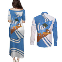 Somalia Couples Matching Puletasi and Long Sleeve Button Shirt with Camel Desert Map Palm Tree Heritage Spirit