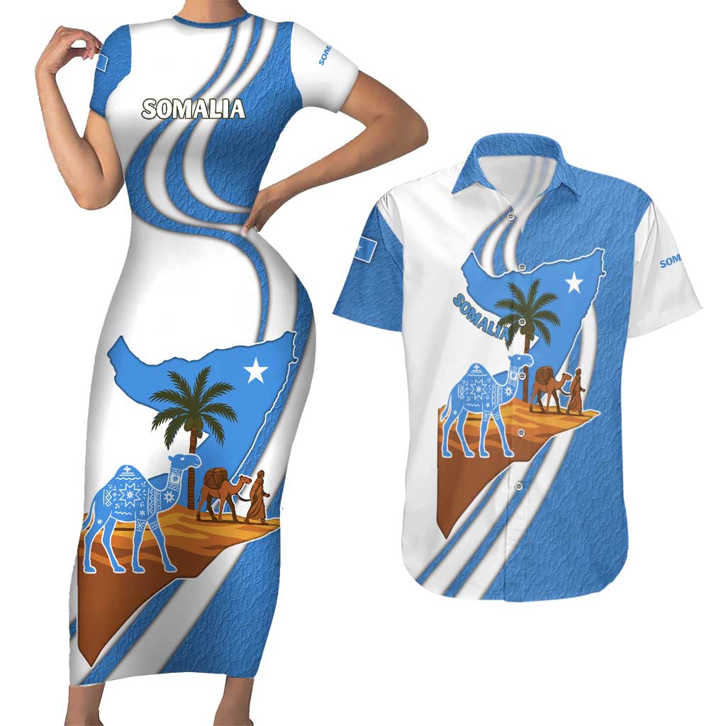 Somalia Couples Matching Short Sleeve Bodycon Dress and Hawaiian Shirt with Camel Desert Map Palm Tree Heritage Spirit