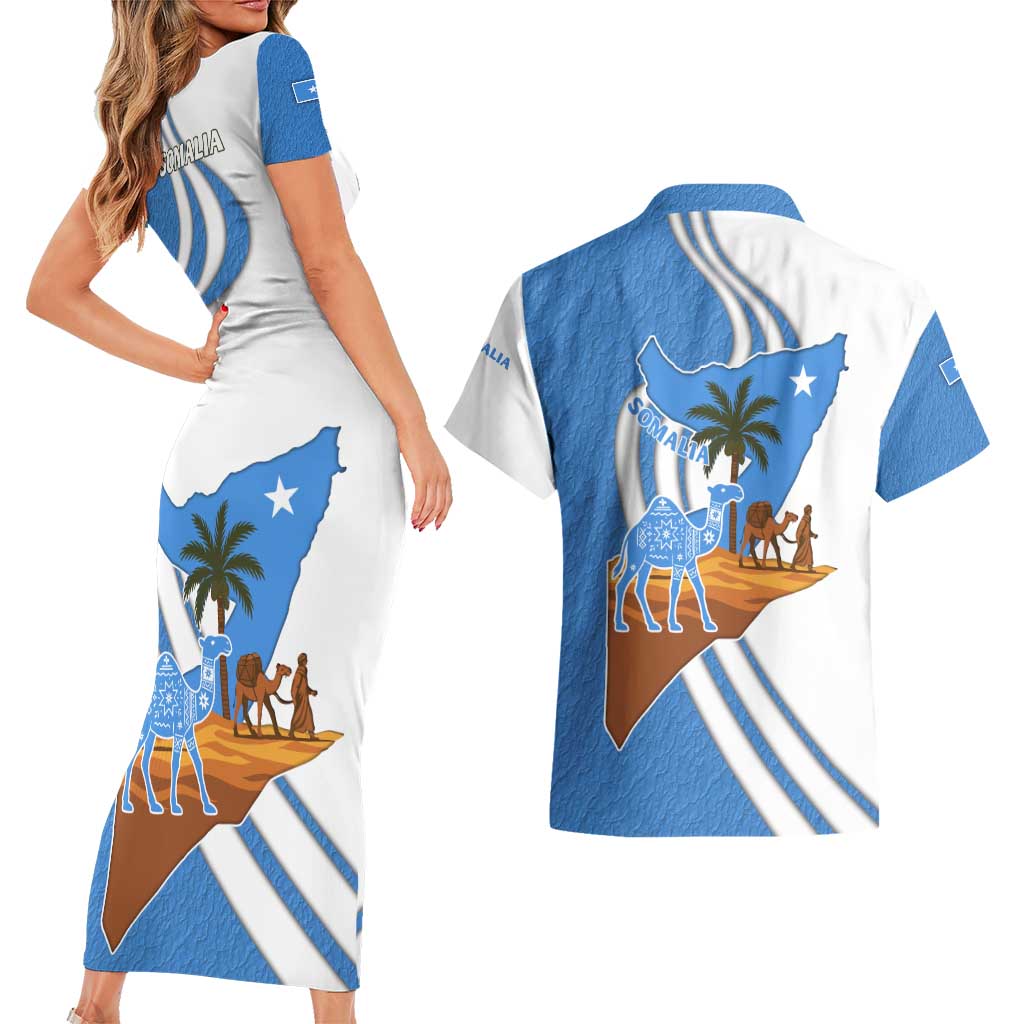 Somalia Couples Matching Short Sleeve Bodycon Dress and Hawaiian Shirt with Camel Desert Map Palm Tree Heritage Spirit