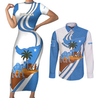 Somalia Couples Matching Short Sleeve Bodycon Dress and Long Sleeve Button Shirt with Camel Desert Map Palm Tree Heritage Spirit