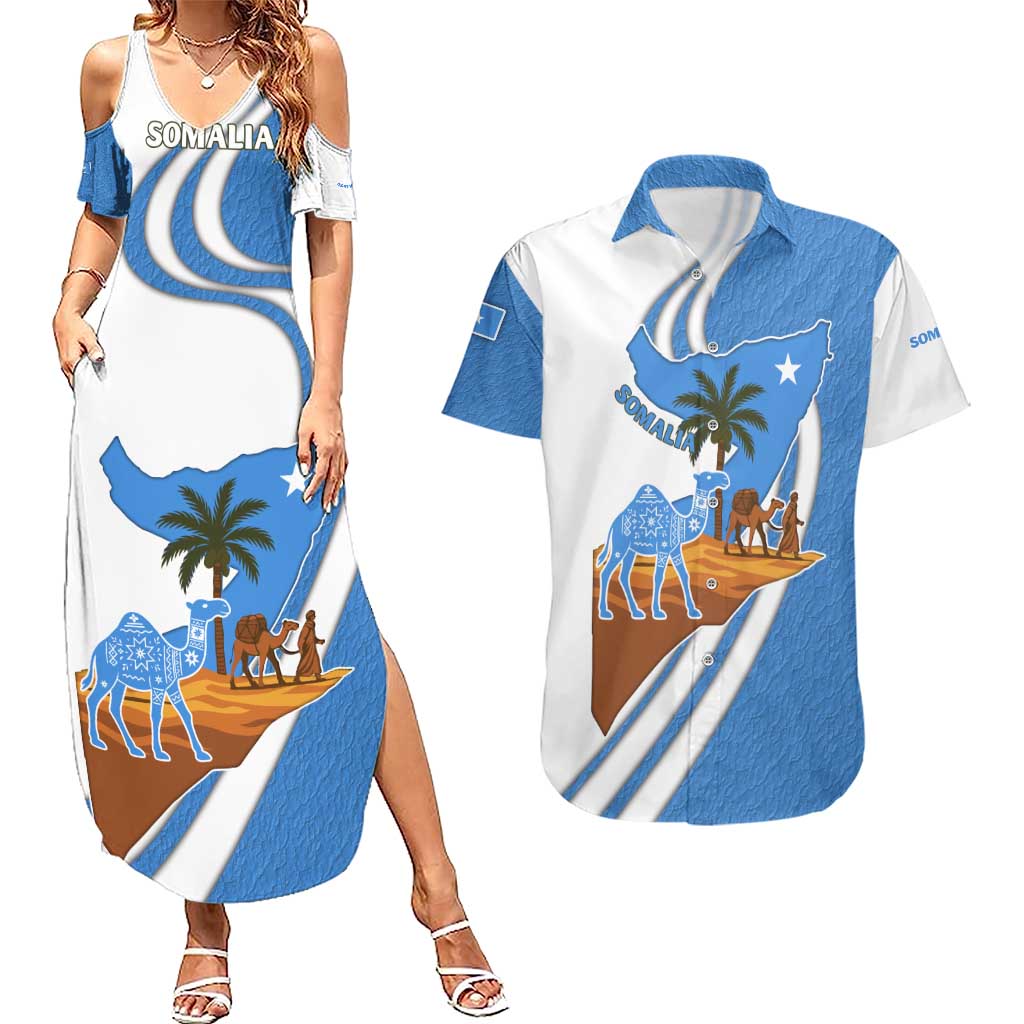 Somalia Couples Matching Summer Maxi Dress and Hawaiian Shirt with Camel Desert Map Palm Tree Heritage Spirit
