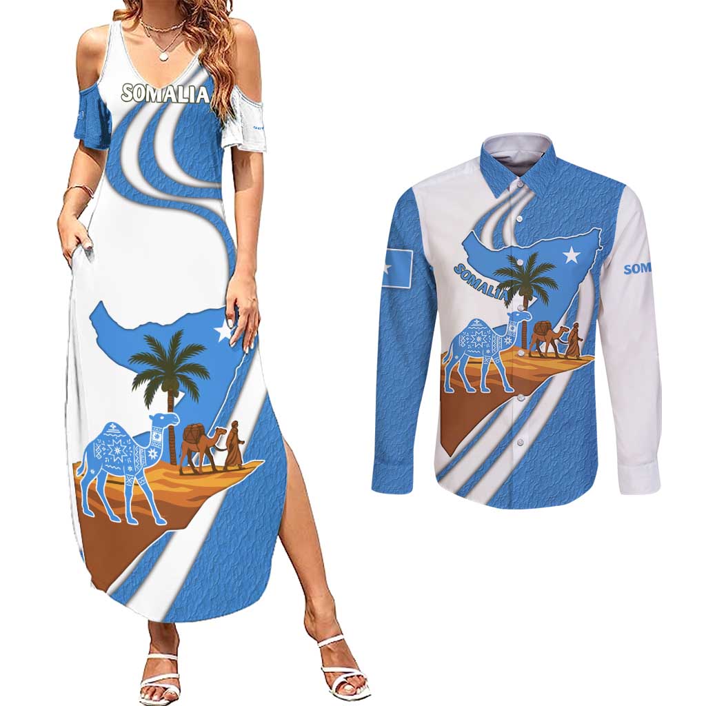 Somalia Couples Matching Summer Maxi Dress and Long Sleeve Button Shirt with Camel Desert Map Palm Tree Heritage Spirit