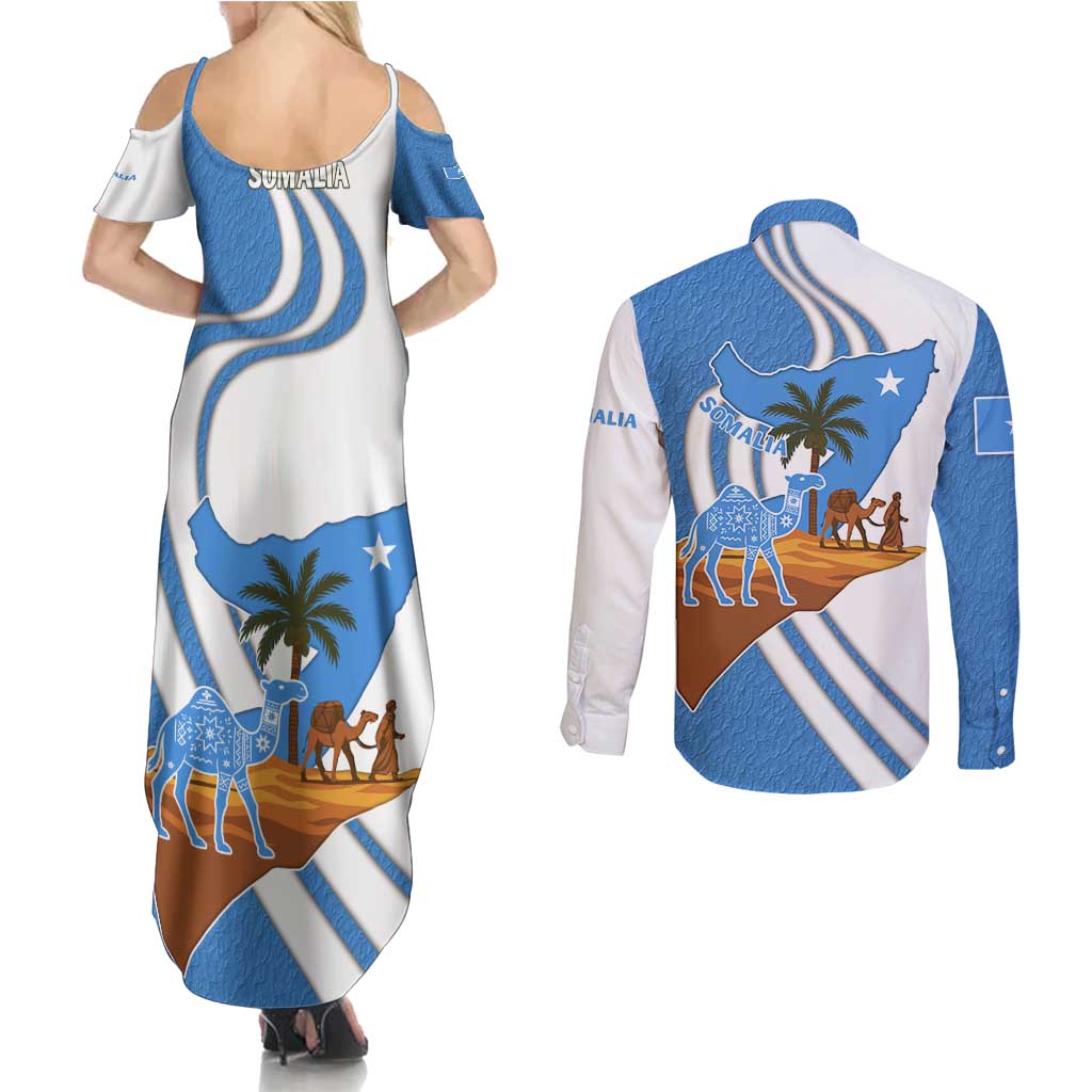 Somalia Couples Matching Summer Maxi Dress and Long Sleeve Button Shirt with Camel Desert Map Palm Tree Heritage Spirit