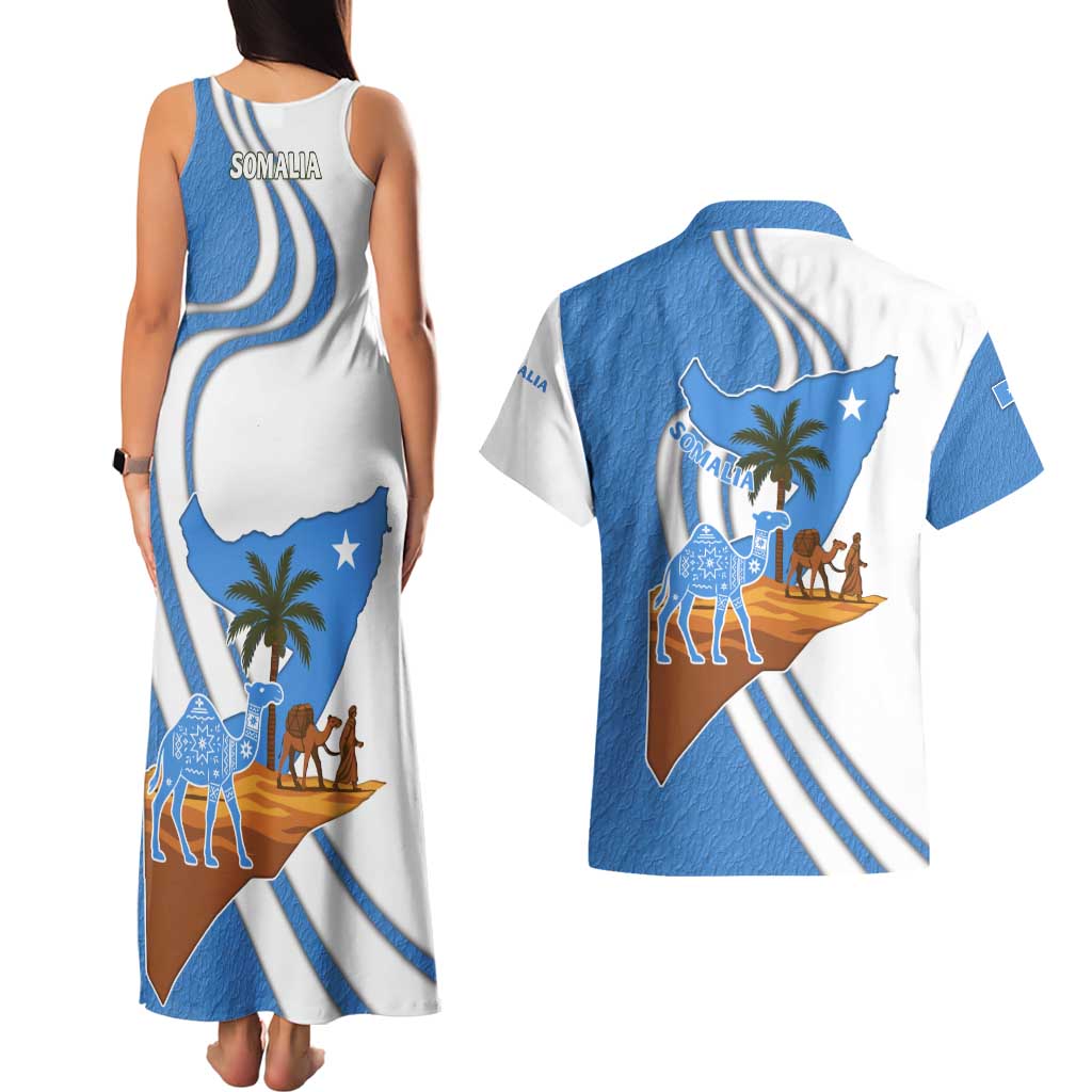 Somalia Couples Matching Tank Maxi Dress and Hawaiian Shirt with Camel Desert Map Palm Tree Heritage Spirit