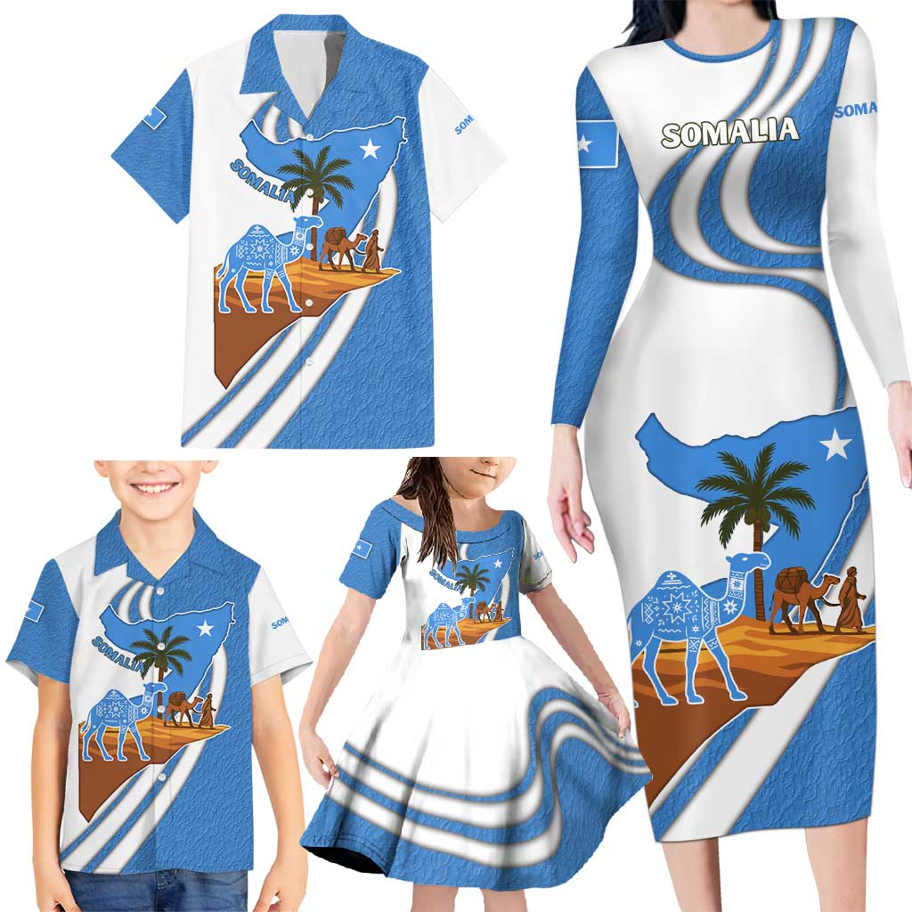 Somalia Family Matching Long Sleeve Bodycon Dress and Hawaiian Shirt with Camel Desert Map Palm Tree Heritage Spirit