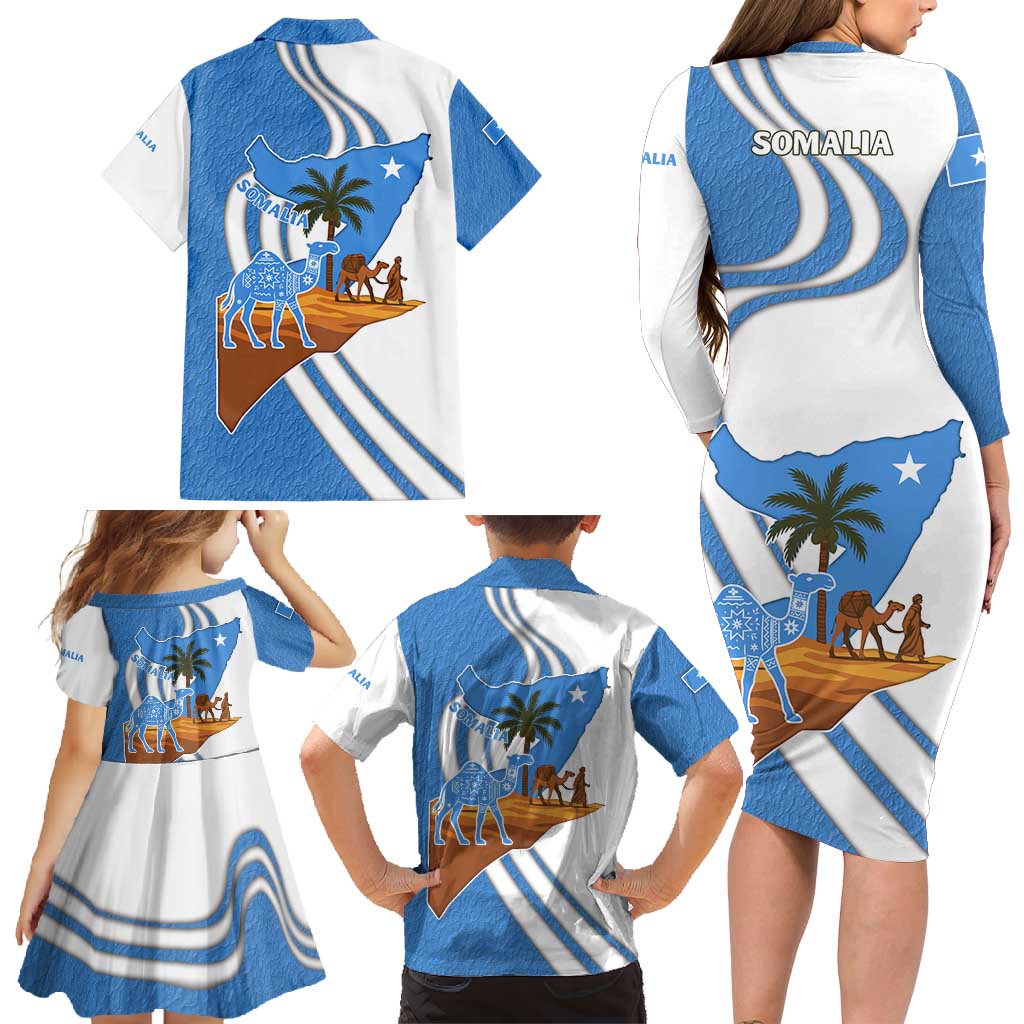 Somalia Family Matching Long Sleeve Bodycon Dress and Hawaiian Shirt with Camel Desert Map Palm Tree Heritage Spirit