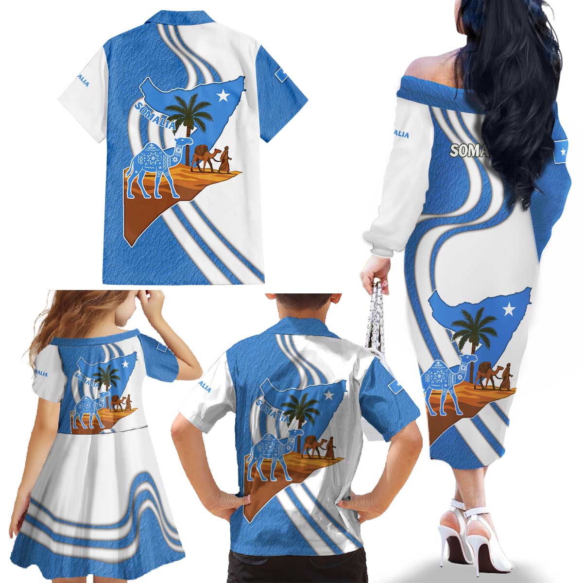 Somalia Family Matching Off The Shoulder Long Sleeve Dress and Hawaiian Shirt with Camel Desert Map Palm Tree Heritage Spirit