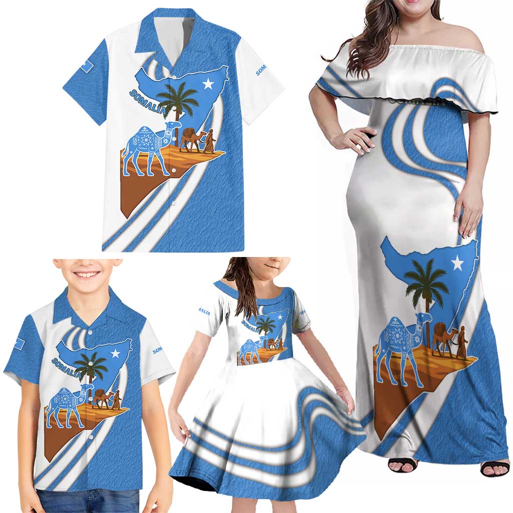 Somalia Family Matching Off Shoulder Maxi Dress and Hawaiian Shirt with Camel Desert Map Palm Tree Heritage Spirit