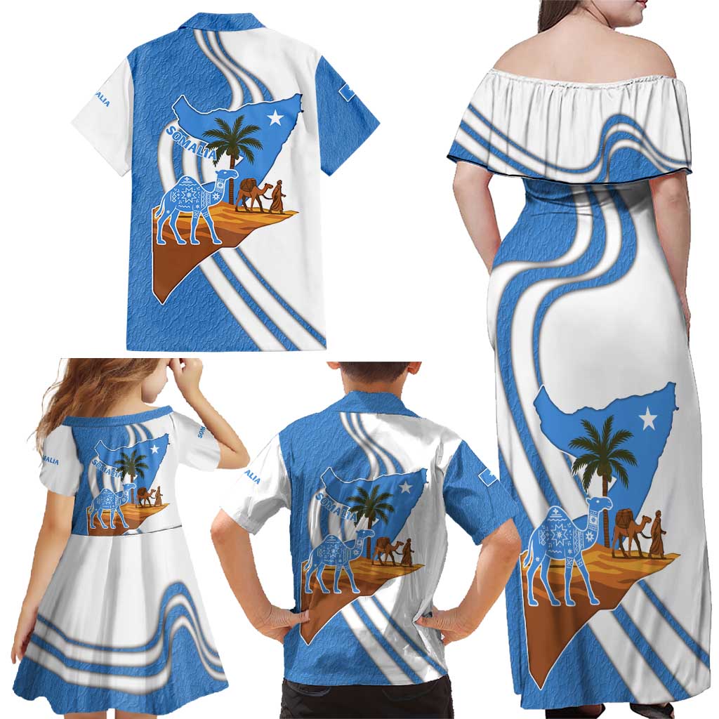 Somalia Family Matching Off Shoulder Maxi Dress and Hawaiian Shirt with Camel Desert Map Palm Tree Heritage Spirit