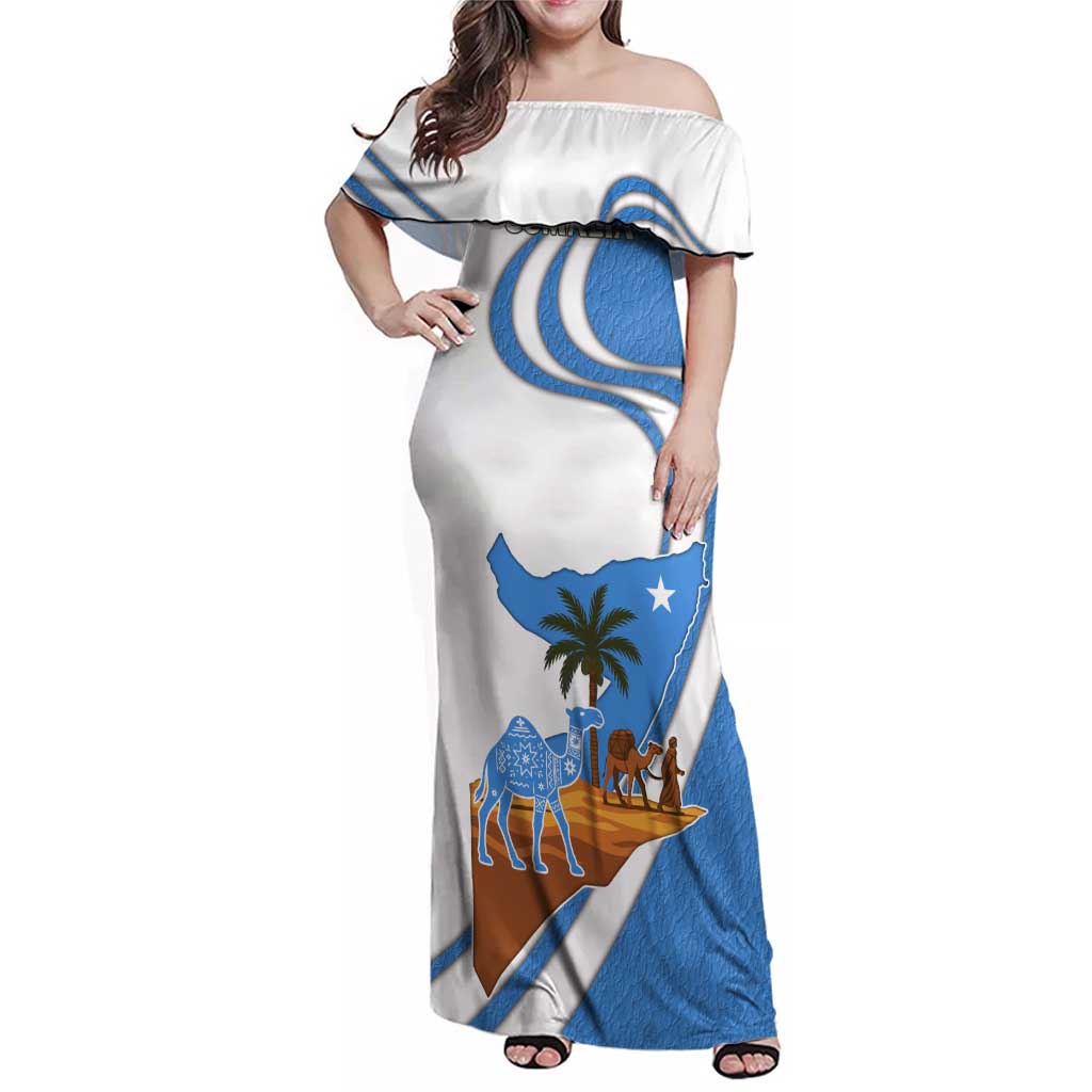 Somalia Family Matching Off Shoulder Maxi Dress and Hawaiian Shirt with Camel Desert Map Palm Tree Heritage Spirit