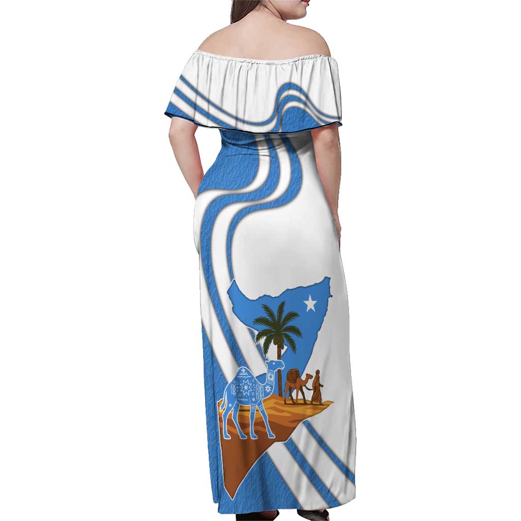 Somalia Family Matching Off Shoulder Maxi Dress and Hawaiian Shirt with Camel Desert Map Palm Tree Heritage Spirit