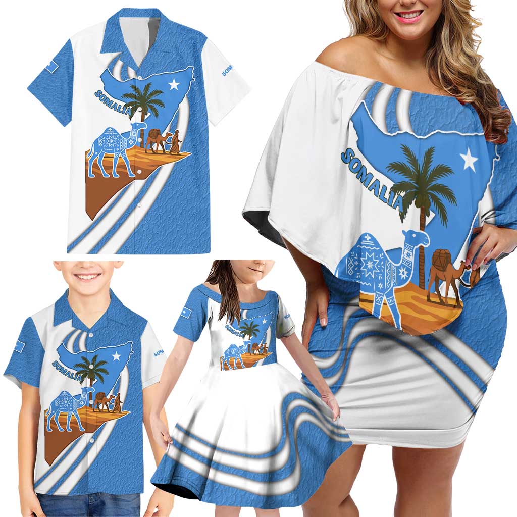 Somalia Family Matching Off Shoulder Short Dress and Hawaiian Shirt with Camel Desert Map Palm Tree Heritage Spirit