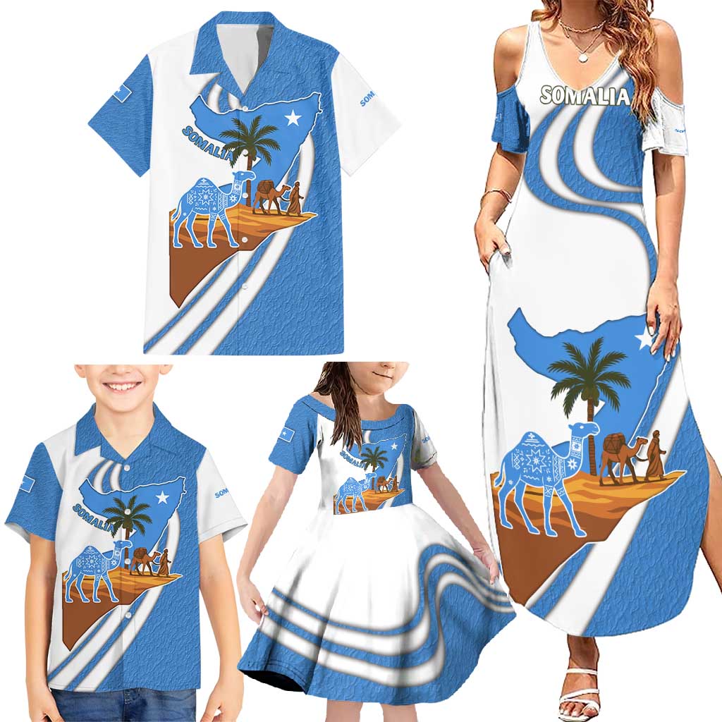 Somalia Family Matching Summer Maxi Dress and Hawaiian Shirt with Camel Desert Map Palm Tree Heritage Spirit