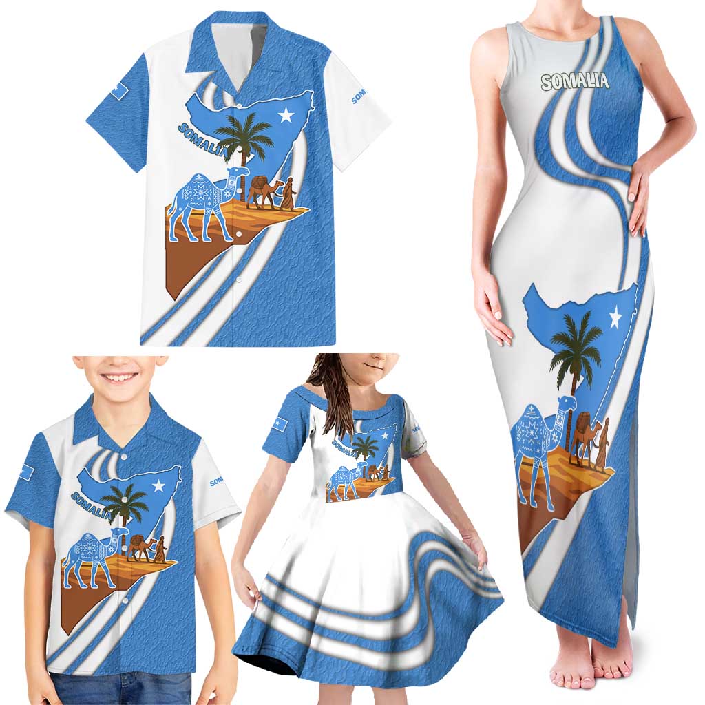 Somalia Family Matching Tank Maxi Dress and Hawaiian Shirt with Camel Desert Map Palm Tree Heritage Spirit