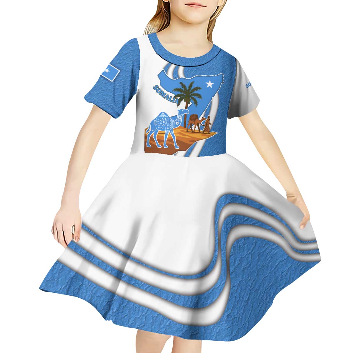 Somalia Kid Short Sleeve Dress with Camel Desert Map Palm Tree Heritage Spirit