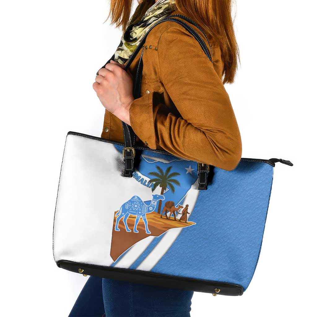 Somalia Leather Tote Bag with Camel Desert Map Palm Tree Heritage Spirit