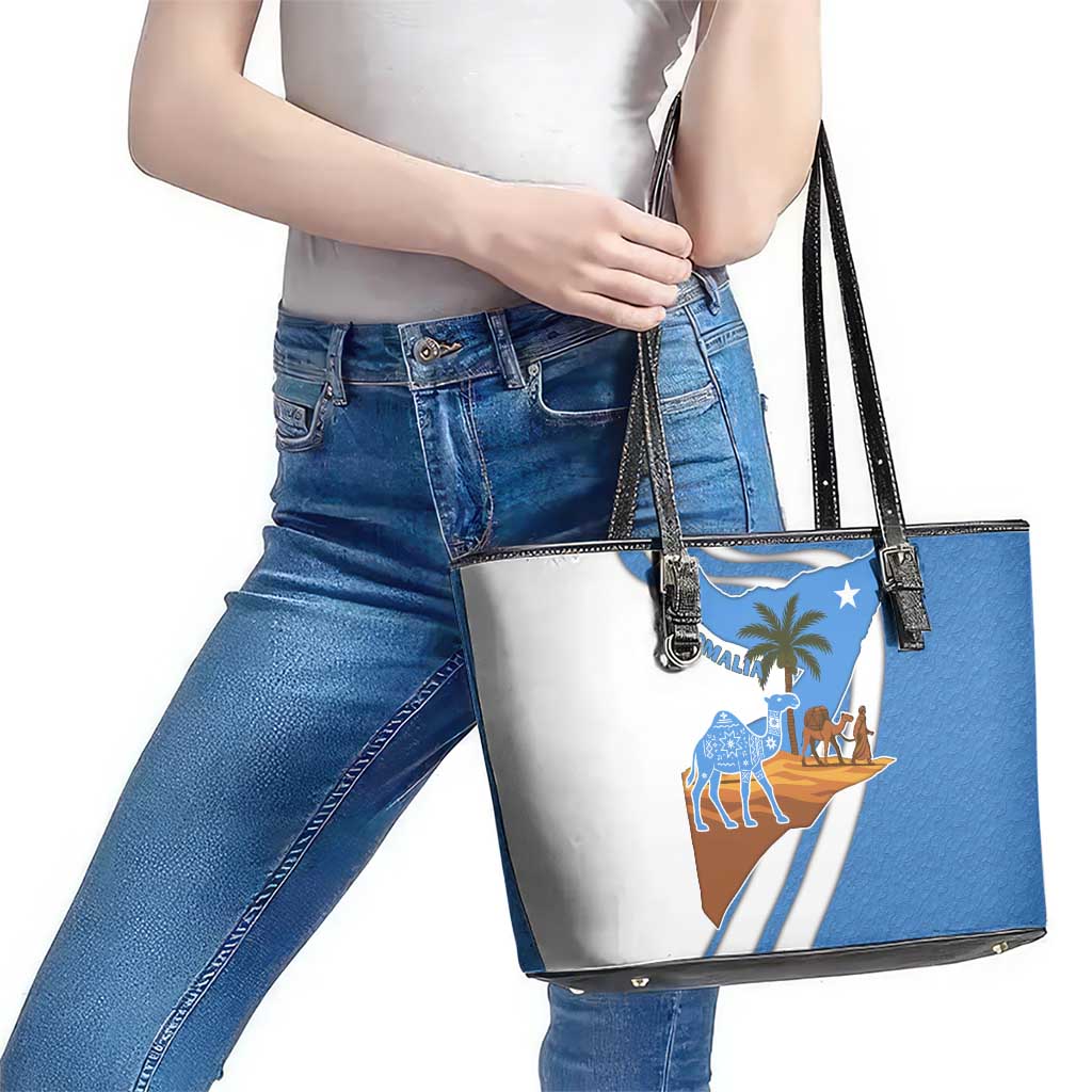 Somalia Leather Tote Bag with Camel Desert Map Palm Tree Heritage Spirit