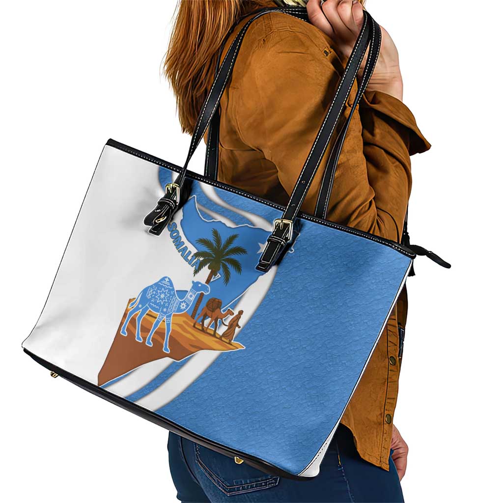 Somalia Leather Tote Bag with Camel Desert Map Palm Tree Heritage Spirit