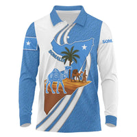 Somalia Long Sleeve Polo Shirt with Camel Desert Map Palm Tree Heritage Spirit