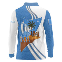Somalia Long Sleeve Polo Shirt with Camel Desert Map Palm Tree Heritage Spirit