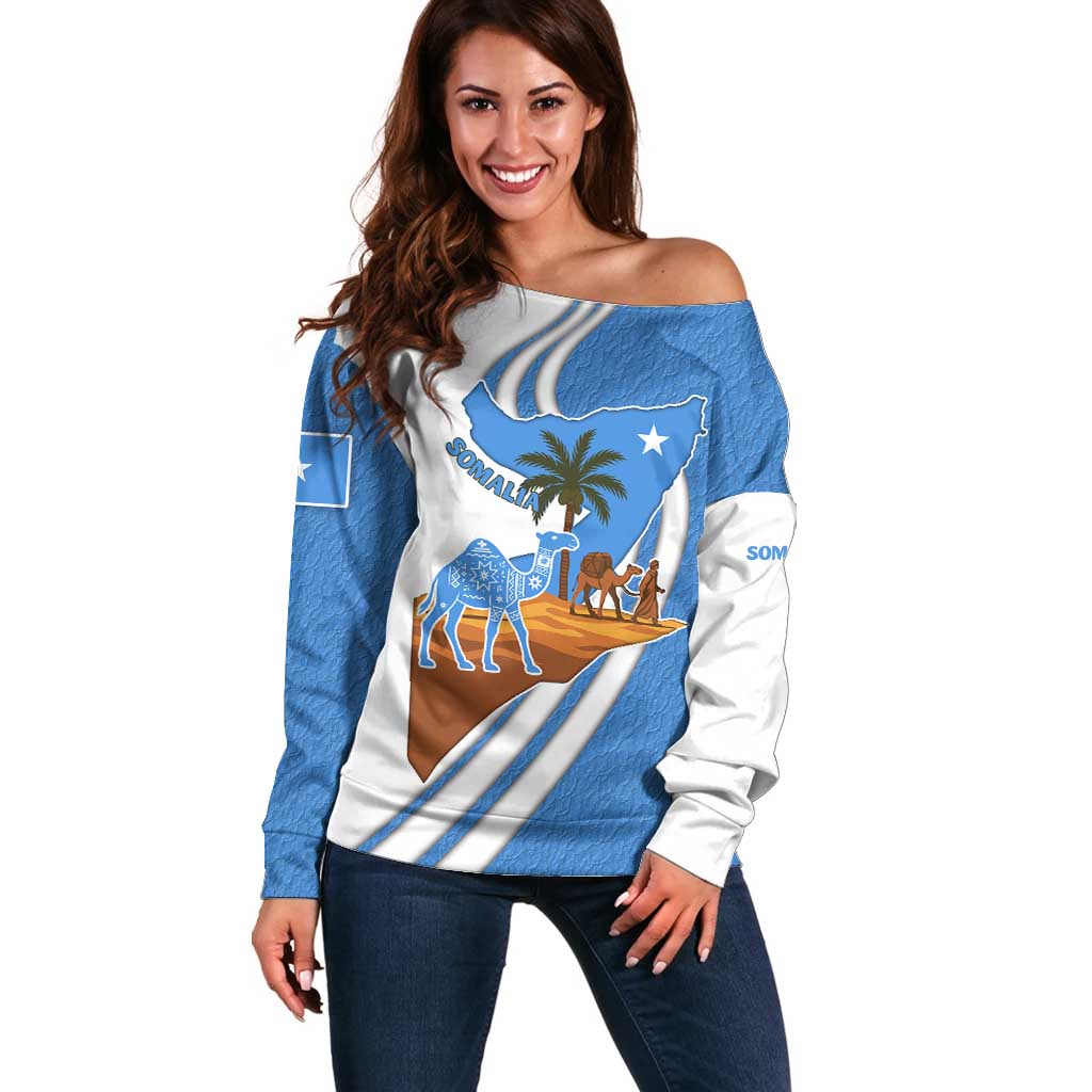 Somalia Off Shoulder Sweater with Camel Desert Map Palm Tree Heritage Spirit