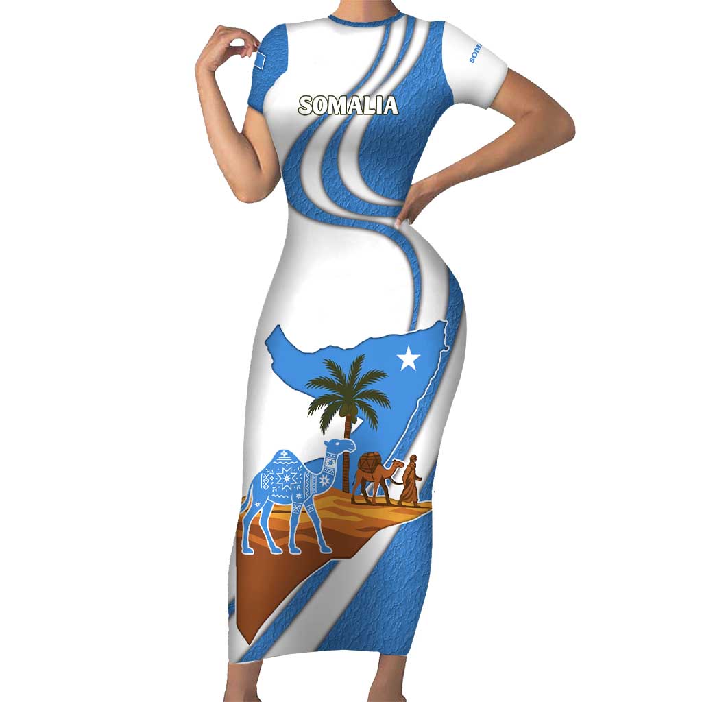 Somalia Short Sleeve Bodycon Dress with Camel Desert Map Palm Tree Heritage Spirit