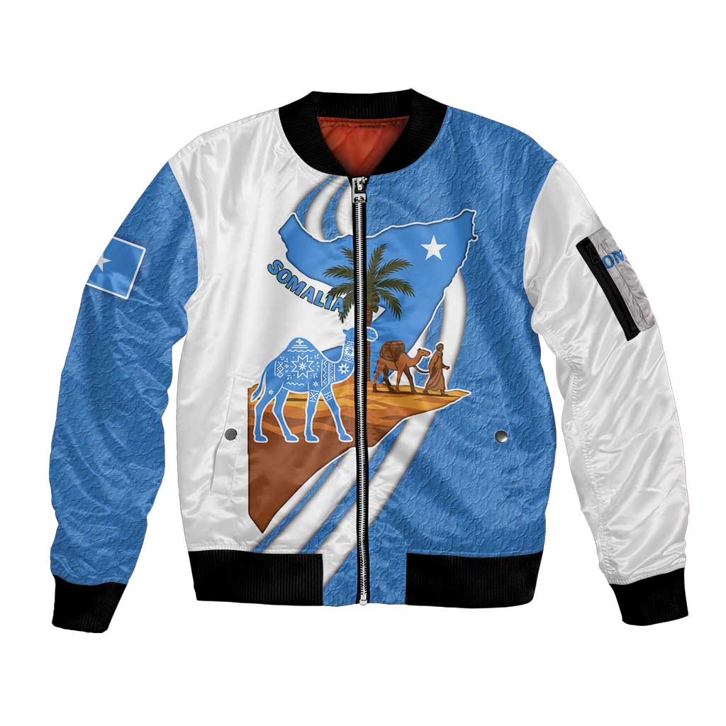 Somalia Sleeve Zip Bomber Jacket with Camel Desert Map Palm Tree Heritage Spirit