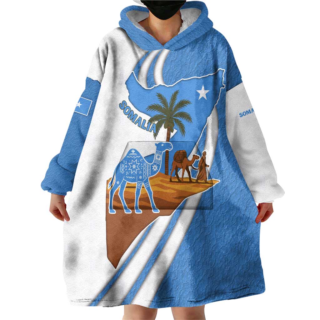 Somalia Wearable Blanket Hoodie with Camel Desert Map Palm Tree Heritage Spirit
