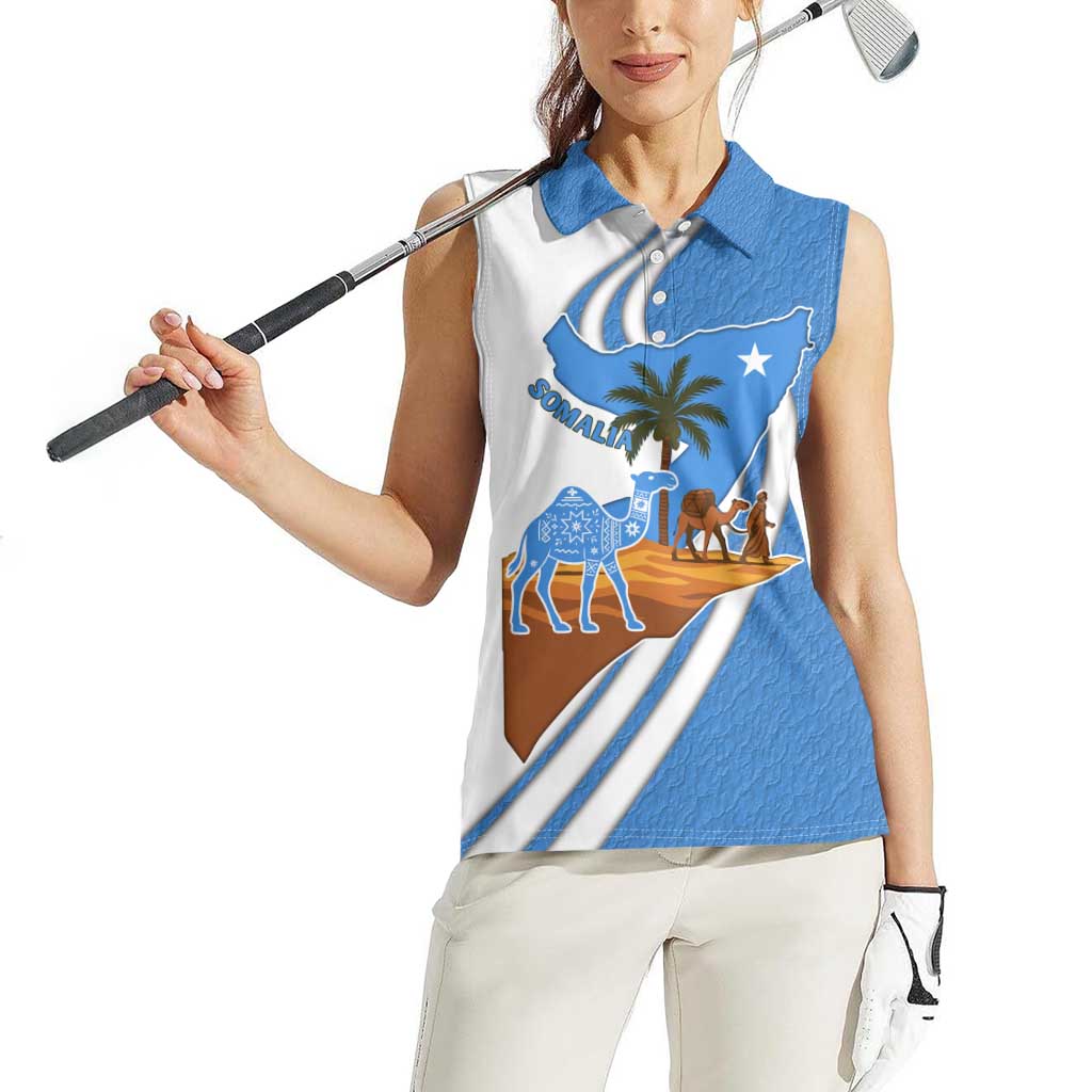 Somalia Women Sleeveless Polo Shirt with Camel Desert Map Palm Tree Heritage Spirit