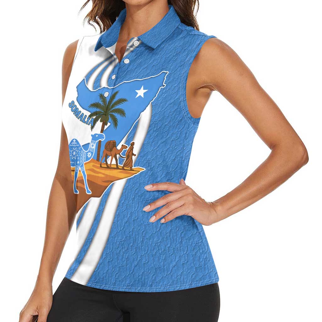 Somalia Women Sleeveless Polo Shirt with Camel Desert Map Palm Tree Heritage Spirit