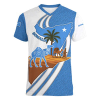 Somalia Women V-Neck T-Shirt with Camel Desert Map Palm Tree Heritage Spirit