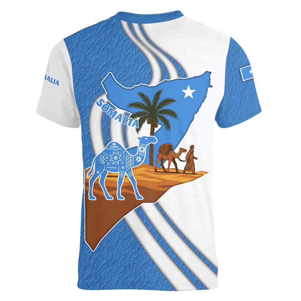 Somalia Women V-Neck T-Shirt with Camel Desert Map Palm Tree Heritage Spirit