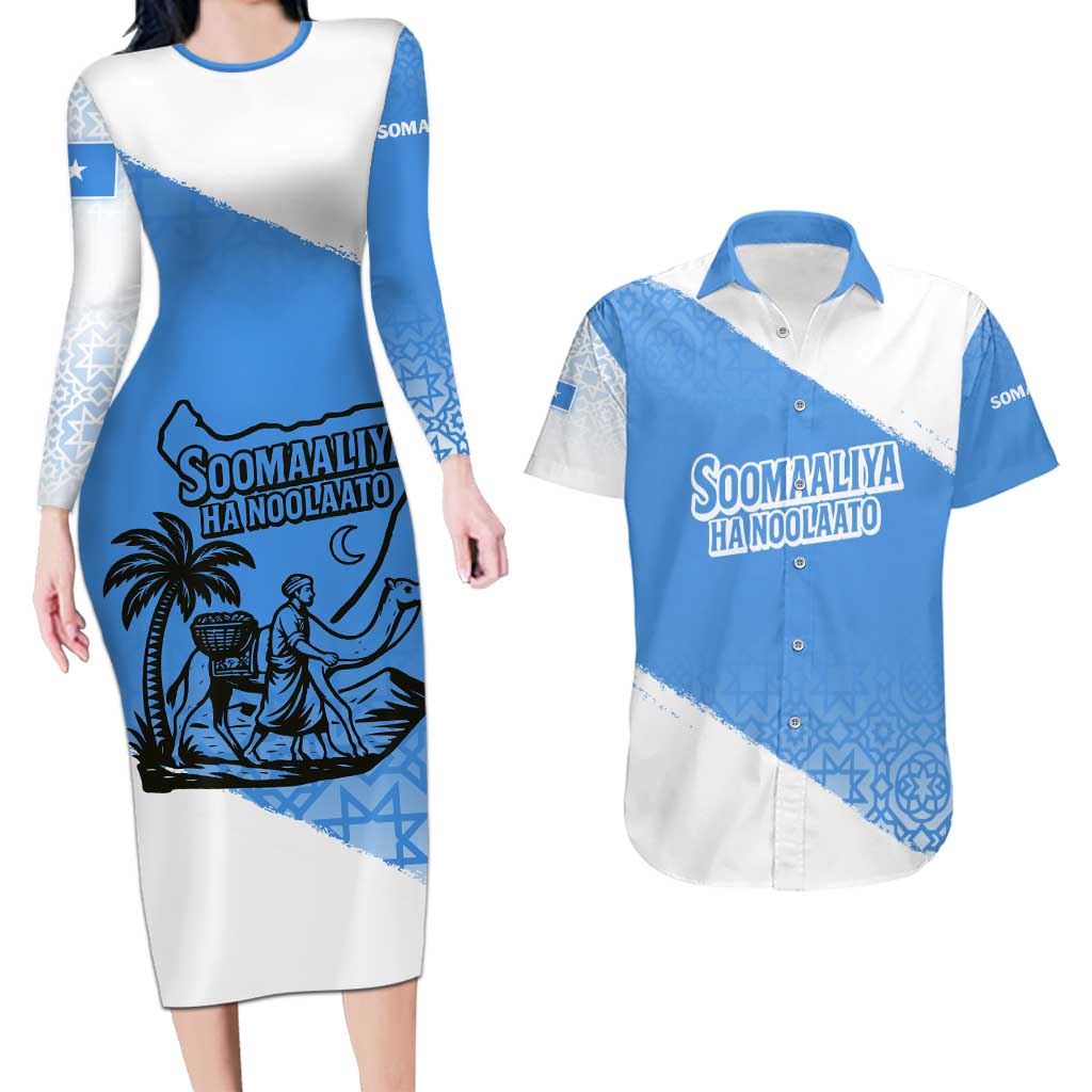 Somalia Couples Matching Long Sleeve Bodycon Dress and Hawaiian Shirt with Soomaaliya Ha Noolaato Nomad Moon Flag Spirit