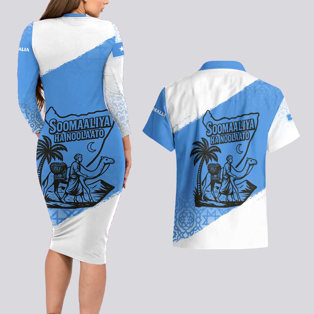 Somalia Couples Matching Long Sleeve Bodycon Dress and Hawaiian Shirt with Soomaaliya Ha Noolaato Nomad Moon Flag Spirit