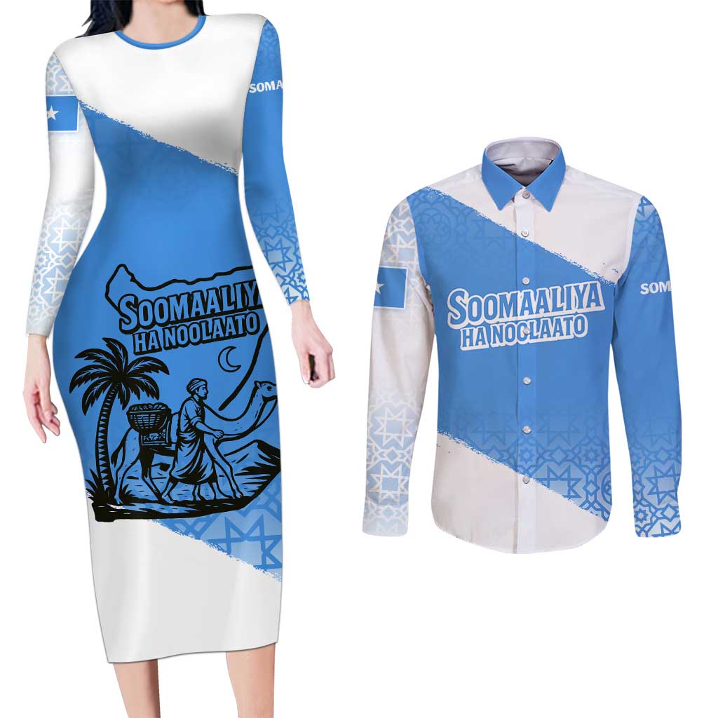 Somalia Couples Matching Long Sleeve Bodycon Dress and Long Sleeve Button Shirt with Soomaaliya Ha Noolaato Nomad Moon Flag Spirit