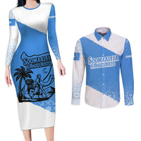 Somalia Couples Matching Long Sleeve Bodycon Dress and Long Sleeve Button Shirt with Soomaaliya Ha Noolaato Nomad Moon Flag Spirit