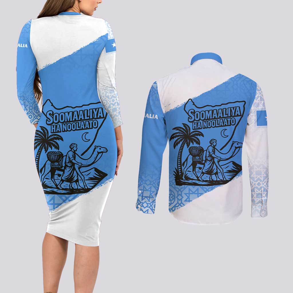 Somalia Couples Matching Long Sleeve Bodycon Dress and Long Sleeve Button Shirt with Soomaaliya Ha Noolaato Nomad Moon Flag Spirit