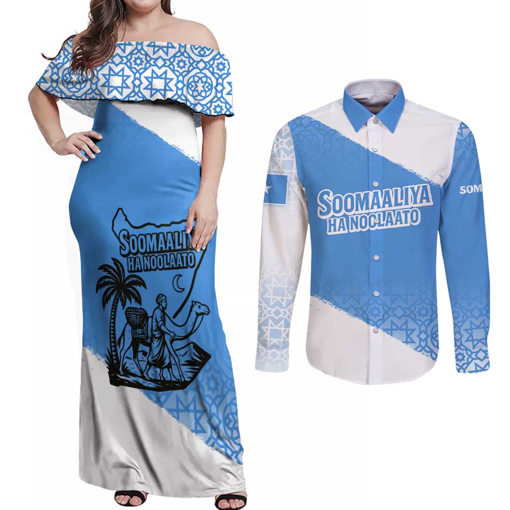 Somalia Couples Matching Off Shoulder Maxi Dress and Long Sleeve Button Shirt with Soomaaliya Ha Noolaato Nomad Moon Flag Spirit