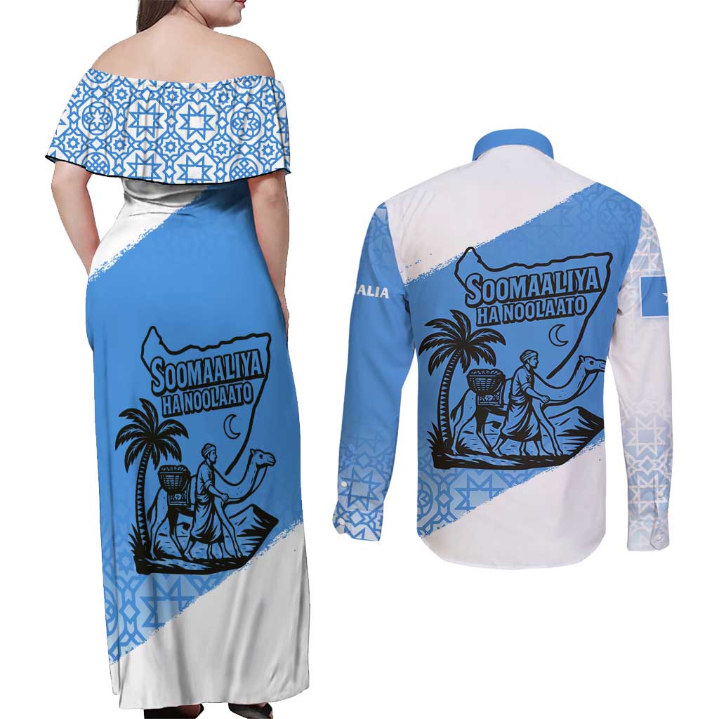 Somalia Couples Matching Off Shoulder Maxi Dress and Long Sleeve Button Shirt with Soomaaliya Ha Noolaato Nomad Moon Flag Spirit