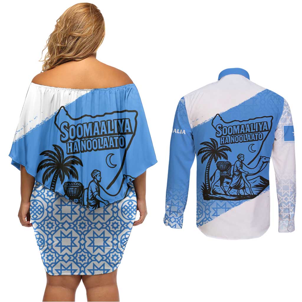 Somalia Couples Matching Off Shoulder Short Dress and Long Sleeve Button Shirt with Soomaaliya Ha Noolaato Nomad Moon Flag Spirit
